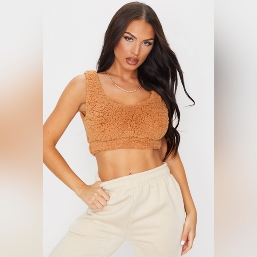 Prettylittlething Camel Borg Scoop Neck Bralet Size 4‎ (US) NWT